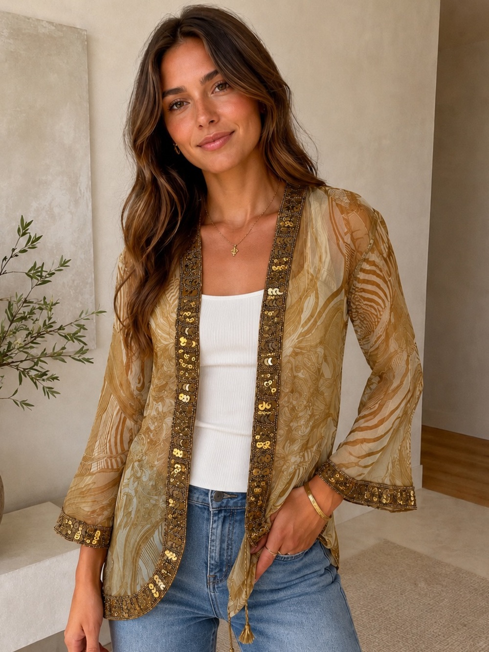 NWT A.B. Lambdin Sheer Embellished Boho Coverup/Cardigan Gold Sequins Size Large